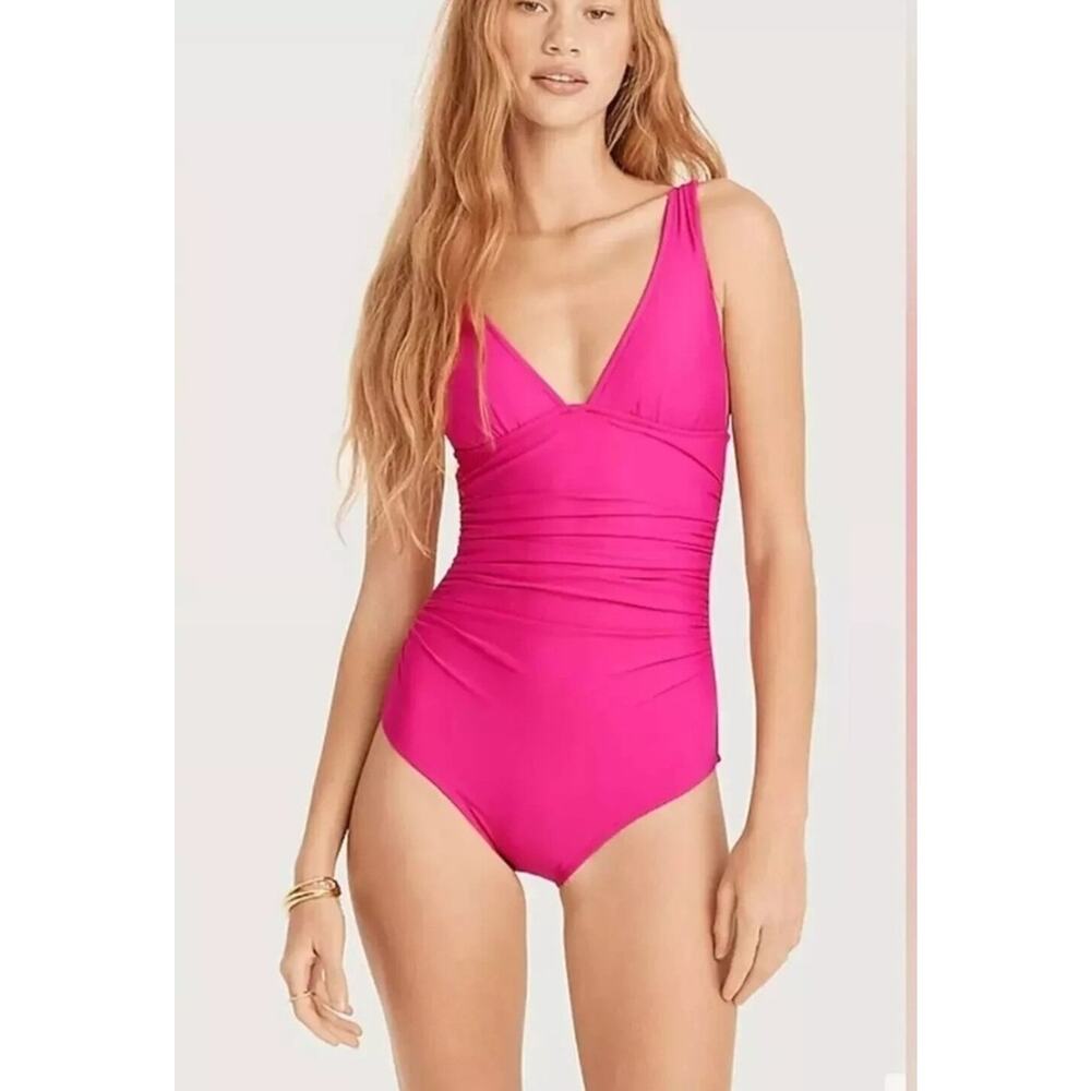 J Crew Ruched V-Neck One Piece Swimsuit NWT Women’s 12 Radiant Fuchsia Pink